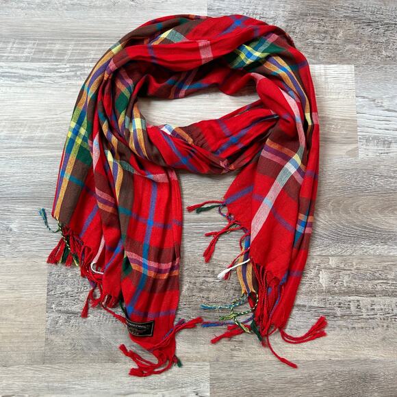 James Pringle Weavers Red Tartan Plaid Fringe Scarf 100% Viscose 26” x 70” - Picture 1 of 4